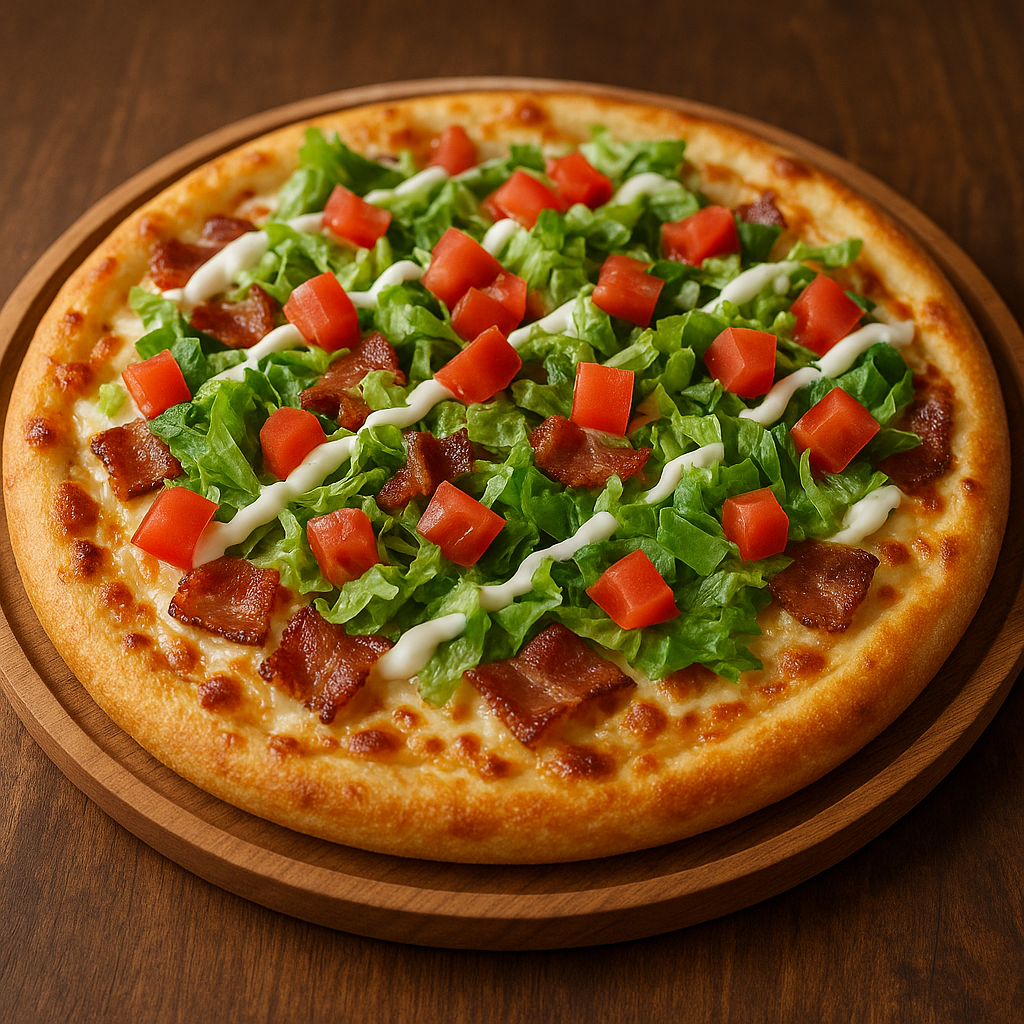 Cheese and bacon cooked dough, topped with mayo, lettuce, and tomato.